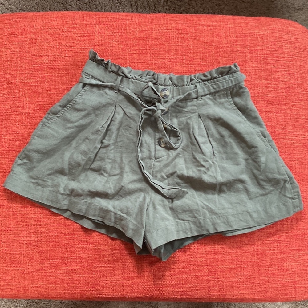 AE American Eagle Olive Army Green Linen High Waist Shorts - Picture 3 of 11